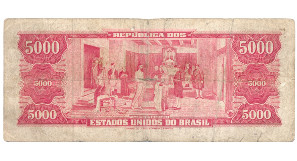 Billete Brasil 5000 Cruzeiros 1965 Serial 012925  - Numisfila