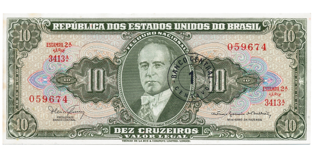 Billete Brasil 1 Centavo en 10 Cruzeiros 1967 - Numisfila