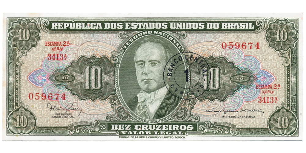 Billete Brasil 1 Centavo en 10 Cruzeiros 1967  - Numisfila