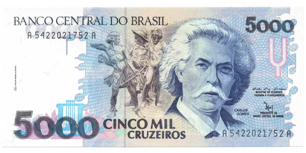 Billete Brasil 5.000 Cruzeiros 1990 Carlos Gomes - Numisfila