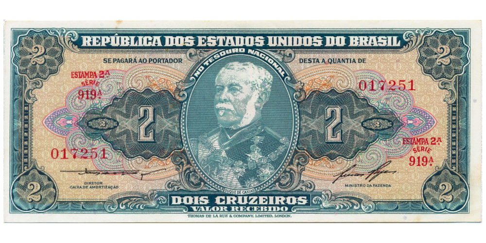 Billete Brasil 2 Cruzeiros 1958 Duque de Caxias  - Numisfila