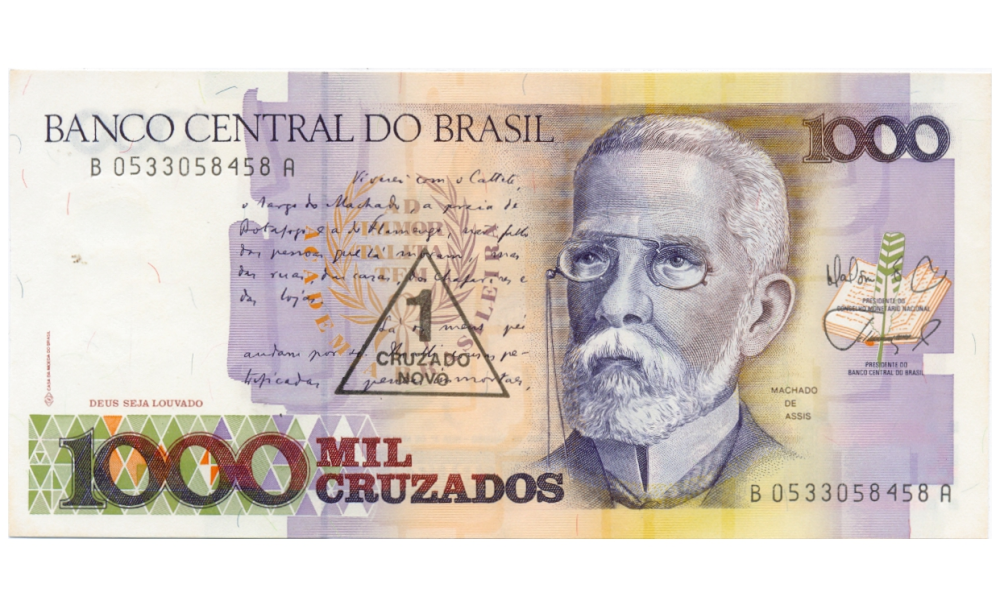 Billete Brasil 1 Cruzado Novo 1989 Sobreimpreso en 1000 Cruzados  - Numisfila