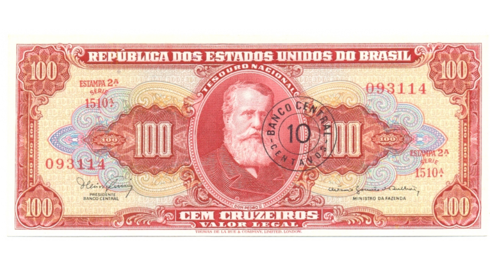 Billete Brasil 10 Centavos en 100 Cruzeiros 1966  - Numisfila