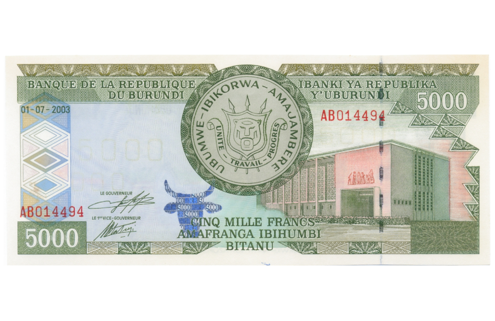 Billete Burundi 5000 Francs 2003 Parlamento y Puerto - Numisfila