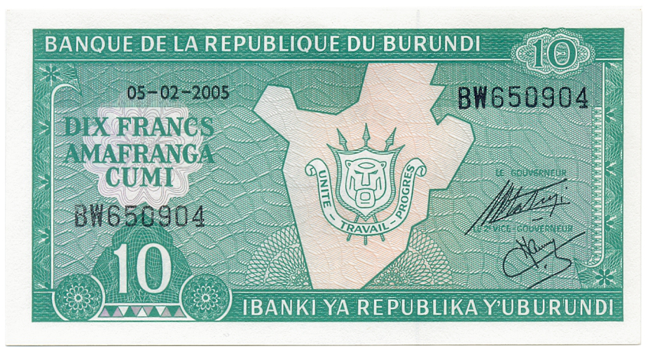 Billete Burundi Dix Francs 2005 10 Francos - Numisfila