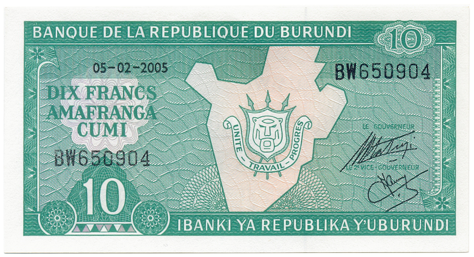 Billete Burundi Dix Francs 2005 10 Francos  - Numisfila