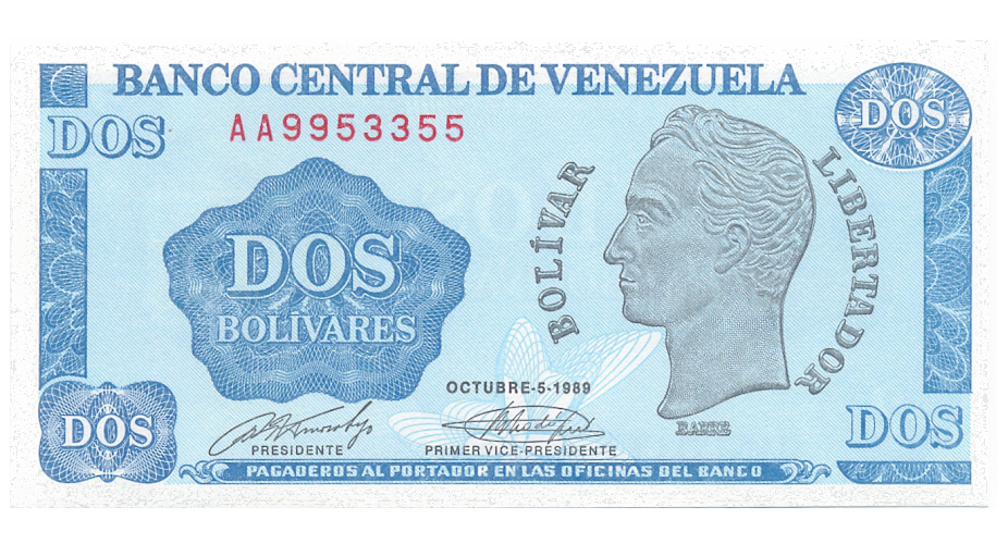 Billete 2 Bolívares 1989 Serial  AA7 - Numisfila
