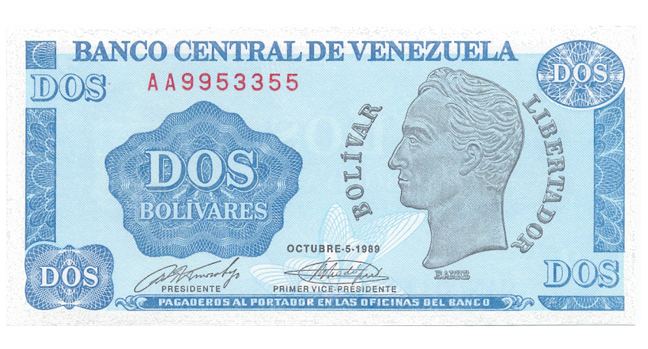 Billete 2 Bolívares 1989 Serial  AA7  - Numisfila