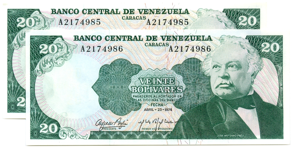 Billetes 20 Bolívares Abril 1974 Seriales A2174985 y A2174986 - A7 1ra serie del año - Numisfila