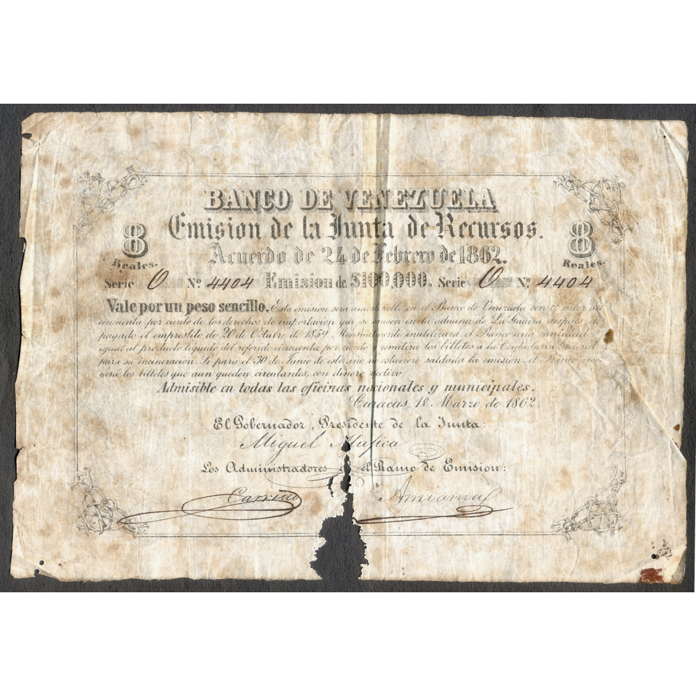 Billete Banco de Venezuela 8 Reales / 1 Peso 1862 Serie O N°4404 - Numisfila