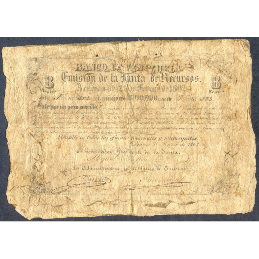 Billete Banco de Venezuela 8 Reales / 1 Peso 1862 Serie T N° 323  - Numisfila
