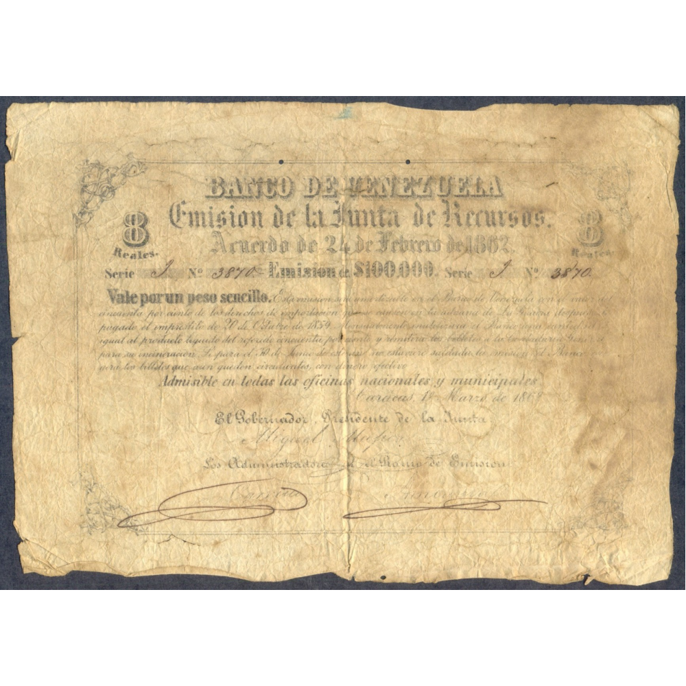 Billete Banco de Venezuela 8 Reales / 1 Peso 1862 Serie J - Numisfila