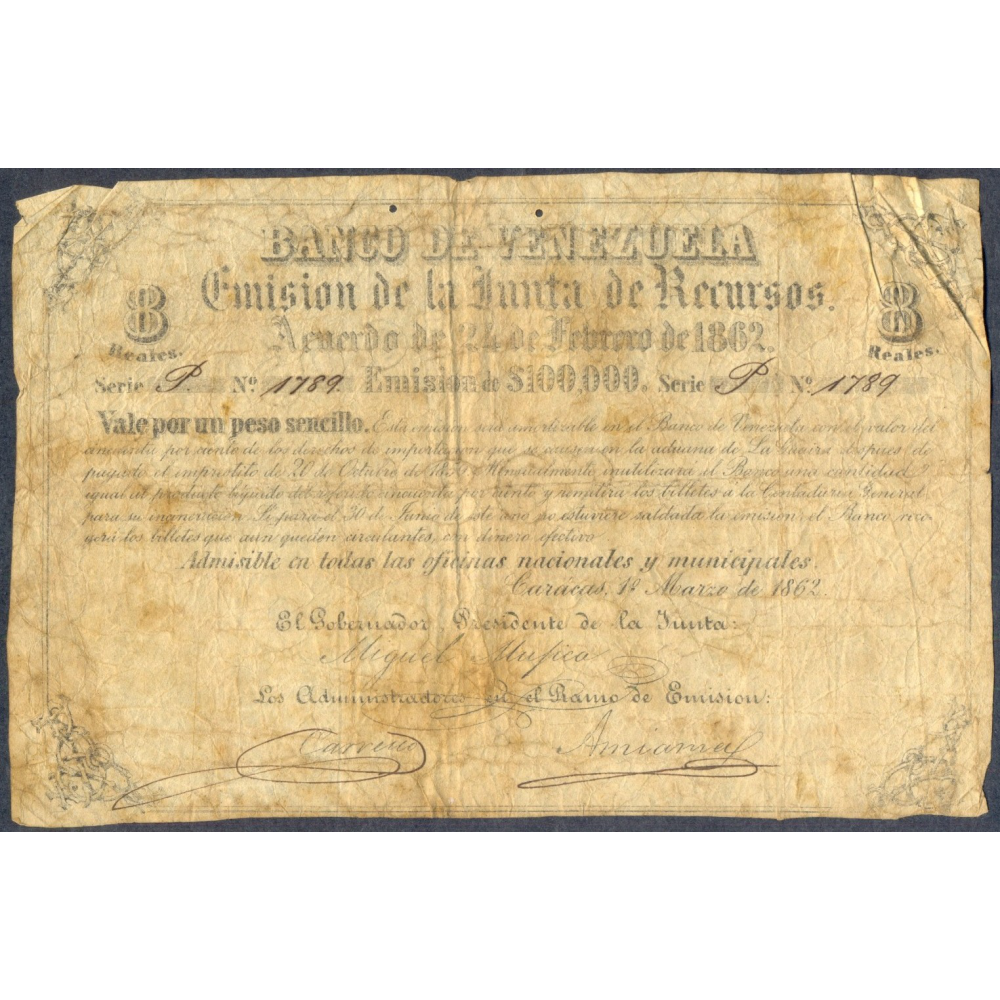Billete Banco de Venezuela 8 Reales / 1 Peso 1862 Serie P N°1789 - Numisfila