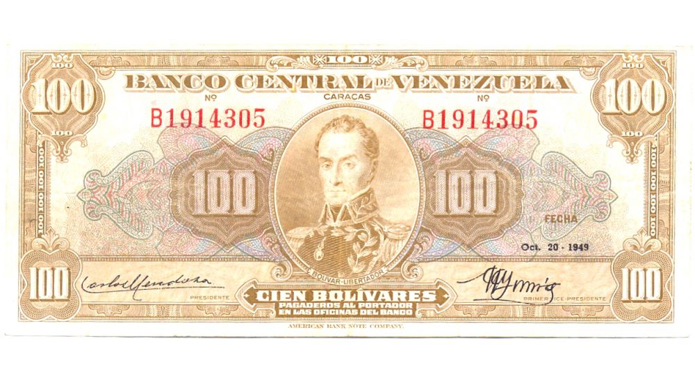 Billete 100 Bolívares Octubre 1949 Serial B1914305  - Numisfila