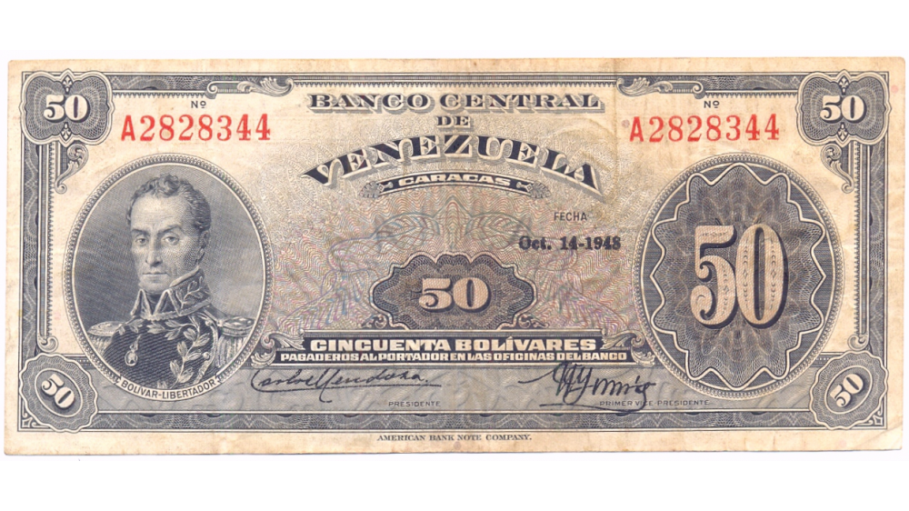 Billete 50 Bolivares Octubre 1948 Serial A2828344 - Numisfila