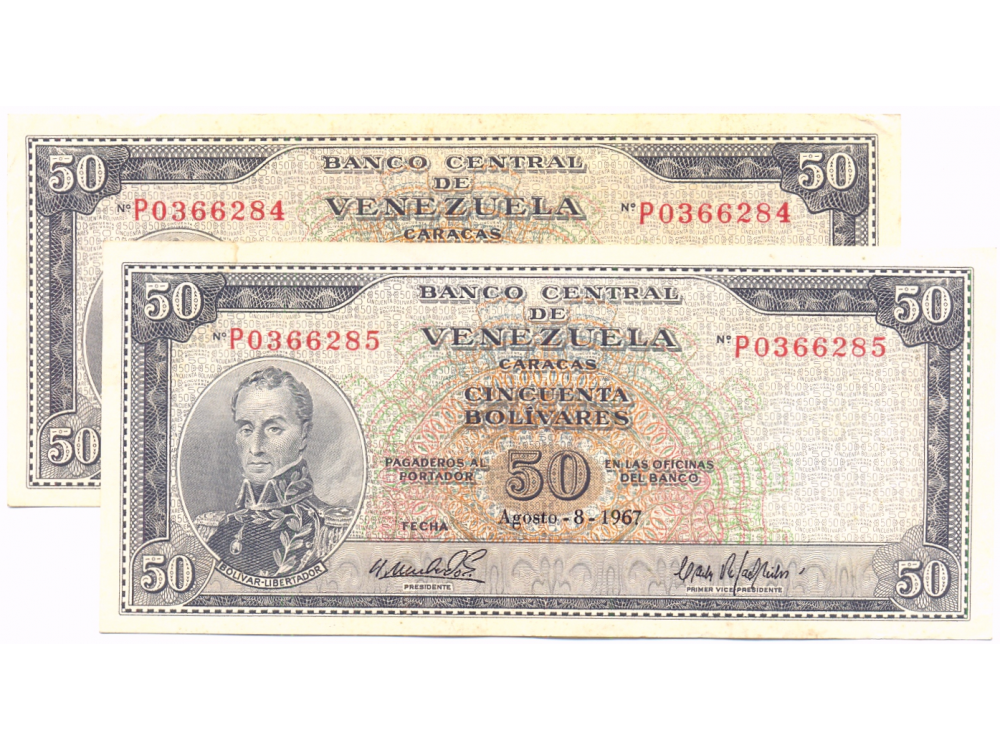  Billetes 50 Bolívares 1967 P7 Seriales P0366284 y P0366285 - Numisfila