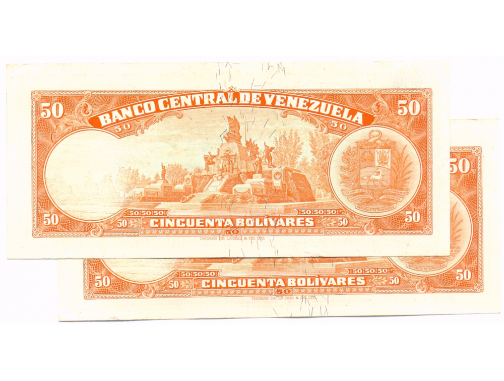  Billetes 50 Bolívares 1967 P7 Seriales P0366284 y P0366285  - Numisfila