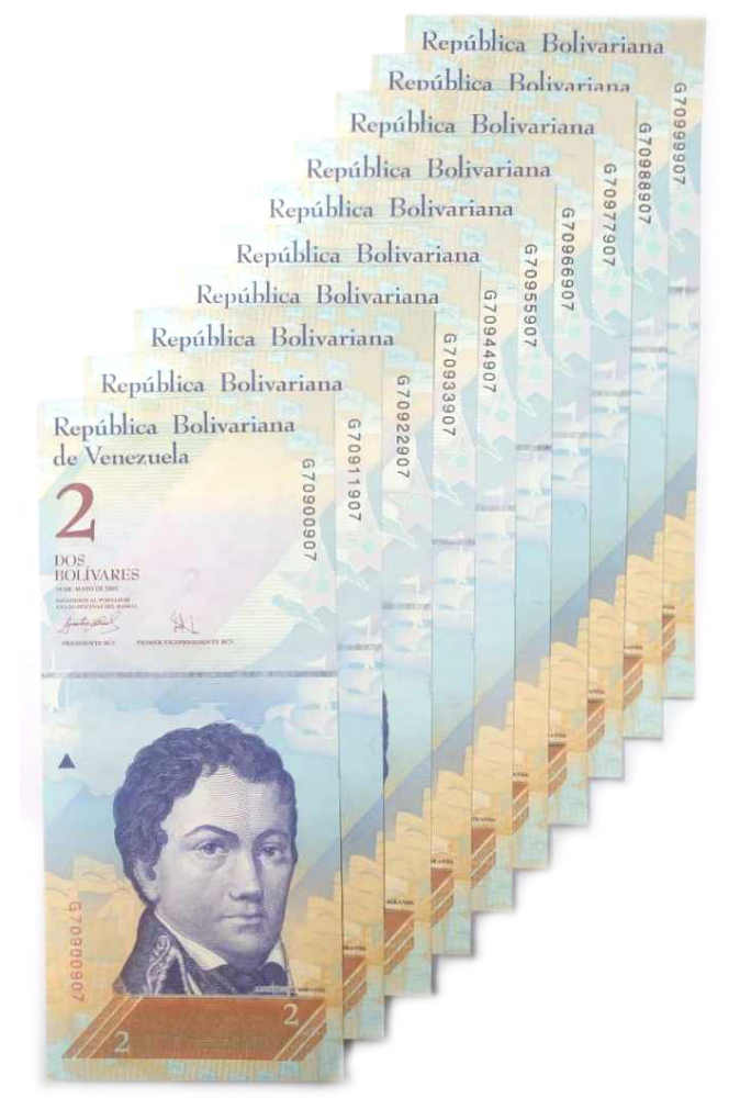 10 Billetes 2 Bs Mayo 2007 G8 Capicúas G70900907 al G70999907 - Numisfila