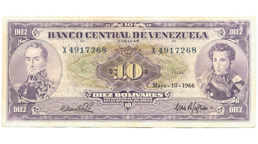 Billete 10 Bolívares 1966 X7 Serial X4917268 - Numisfila