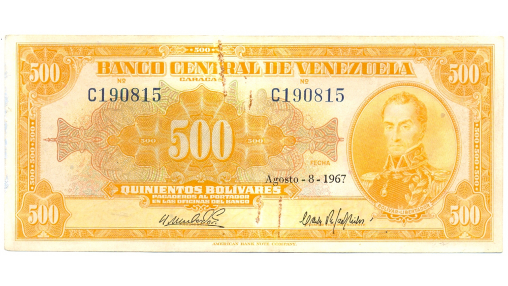 Billete 500 Bolívares 1967 Canario C6 Serial C190815  - Numisfila