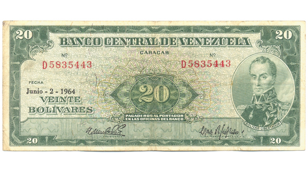 Billete 20 Bolívares 1964 D7 Serial D5835443 - Numisfila