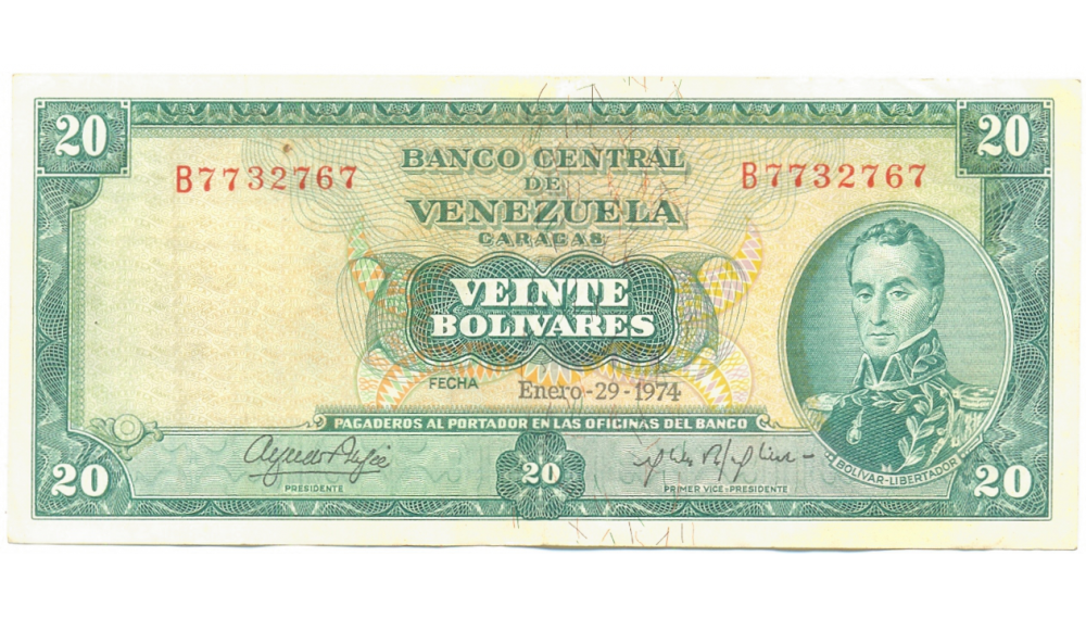 Billete 20 Bolívares Enero 1974 B7 Serial B7732767 - Numisfila