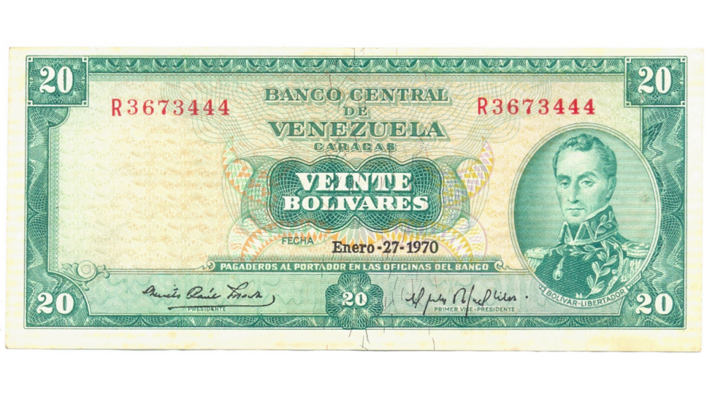 Billete 20 Bolívares 1970 R7 Serial R3673444 - Numisfila
