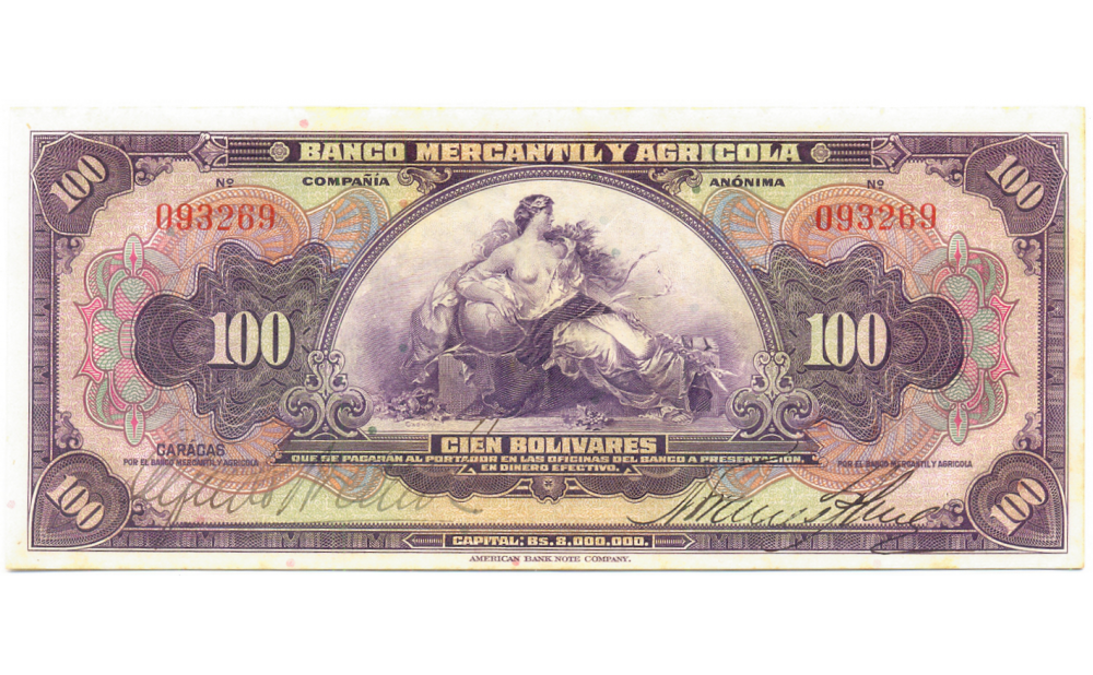 Billete 100 Bolivares Bco Mercantil y Agricola Serial 093269 - Numisfila