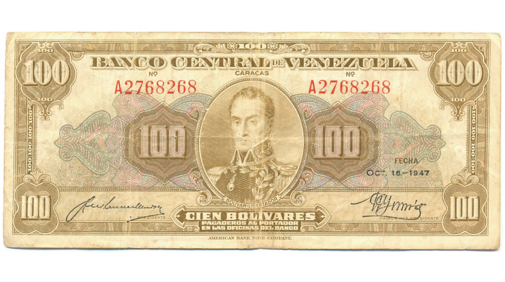 Billete 100 Bolivares Octubre 1947 Serial A2768268  - Numisfila