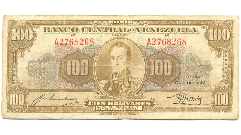 Billete 100 Bolivares Octubre 1947 Serial A2768268 - Numisfila