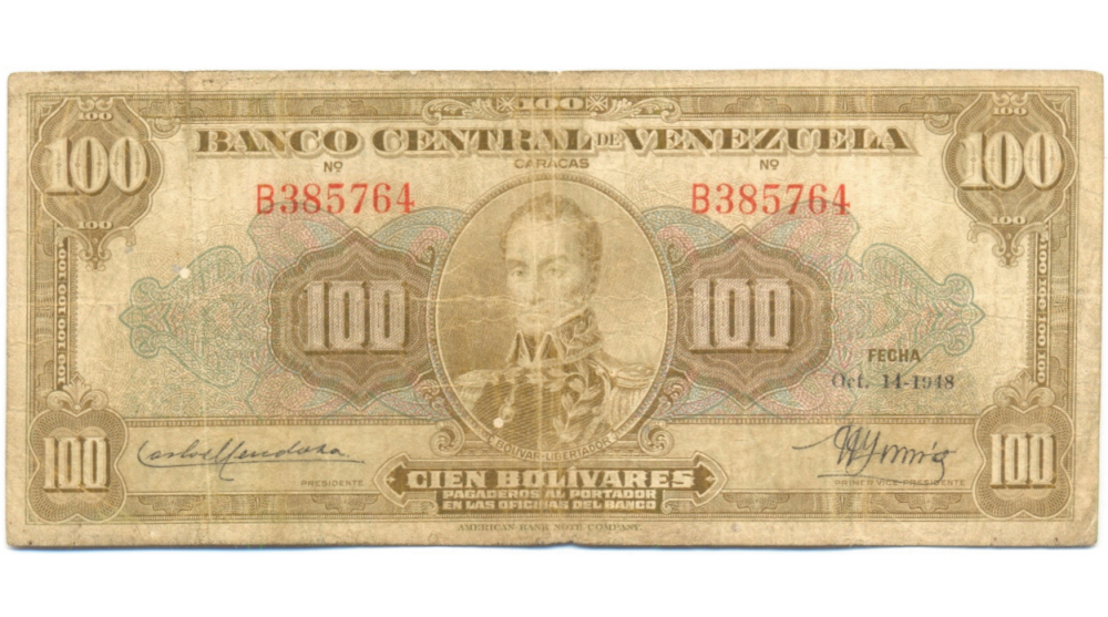 Billete 100 Bs Octubre 1948 B6 Serial B385764 - Numisfila