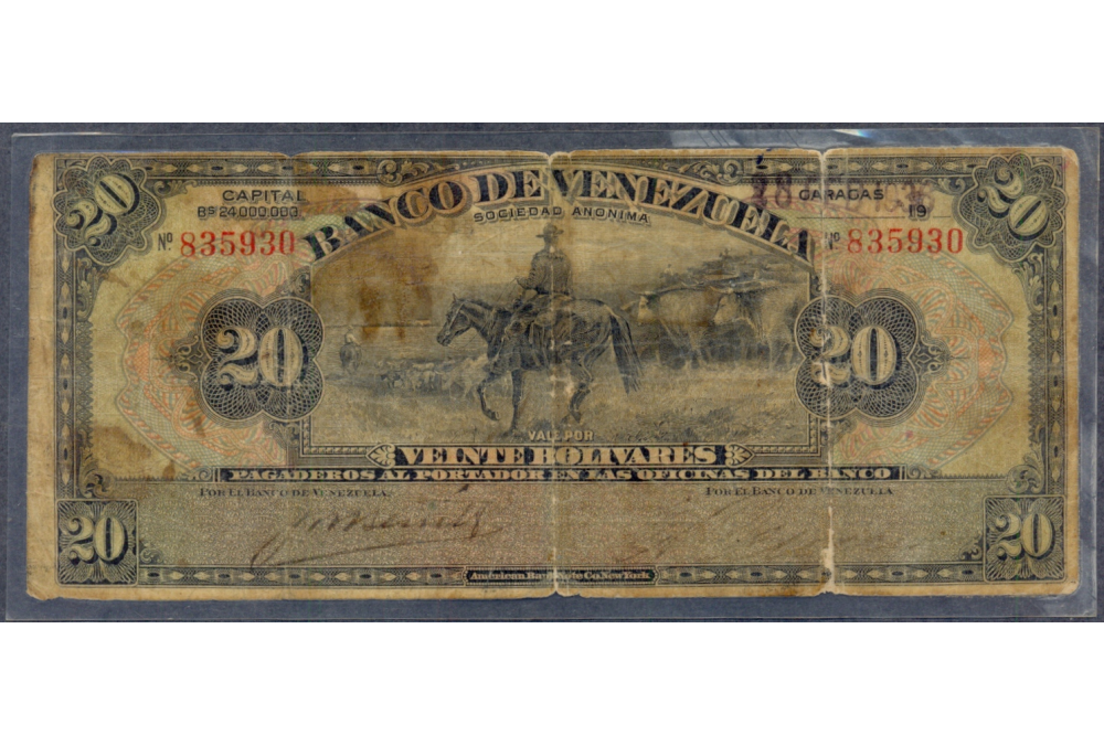 Banca Privada Billete 20 Bs 1936 Bco Venezuela  - Numisfila