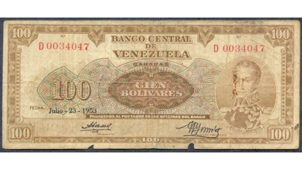 Billete Orejon 100 Bolivares 1953 D7 Serial D0034047  - Numisfila