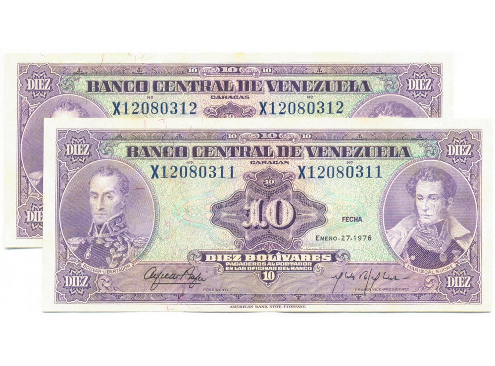 Billetes 10 Bs 1976 X8 Seriales X12080311 y X12080312  Consecutivos  - Numisfila
