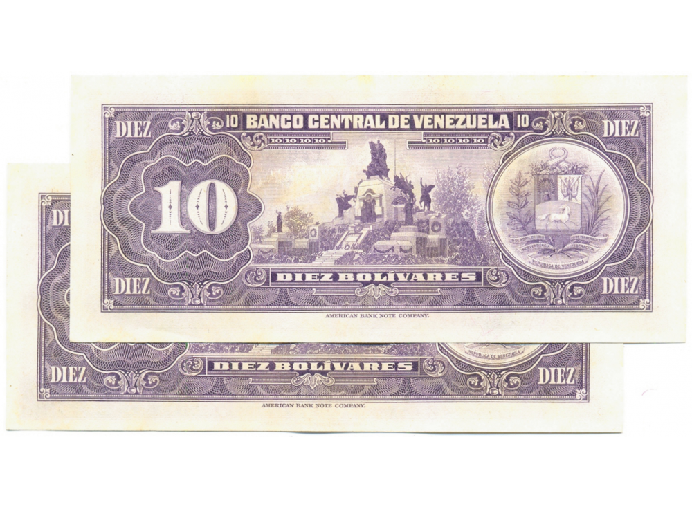 Billetes 10 Bs 1976 X8 Seriales X12080311 y X12080312  Consecutivos   - Numisfila