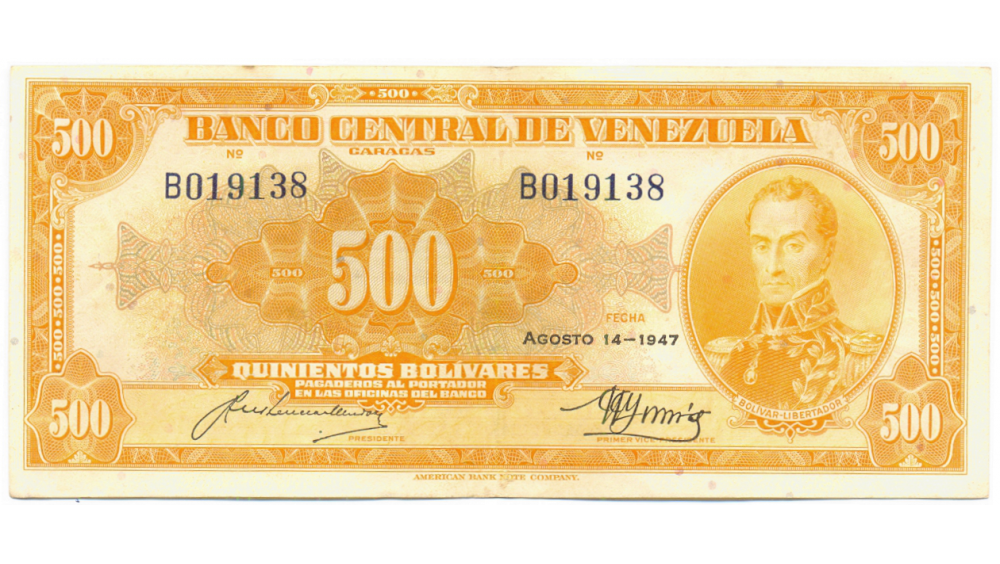 Billete 500 Bolivares Agosto 1947 Canario B6 Serial B019138 - Numisfila