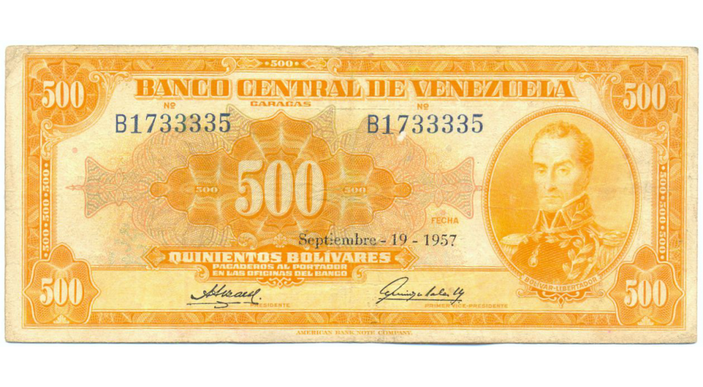 Billete 500 Bolivares Sept 1957 B1733335 Canario  - Numisfila