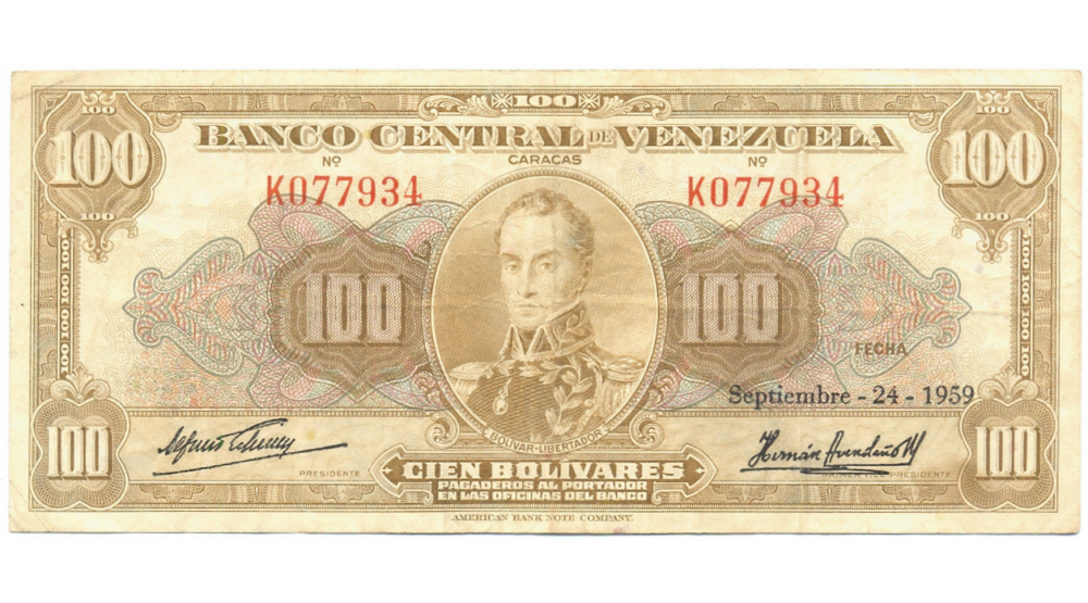 Billete 100 Bolívares 1959 K6 Serial K077934 - Numisfila