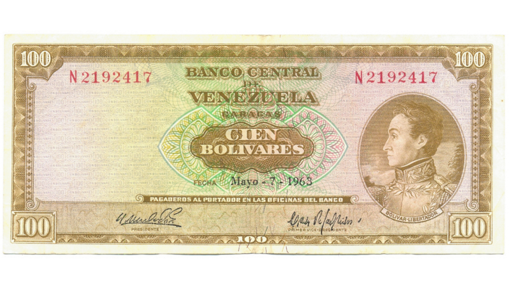 Billete 100 Bolivares 1963 N7 Serial N2192417  - Numisfila