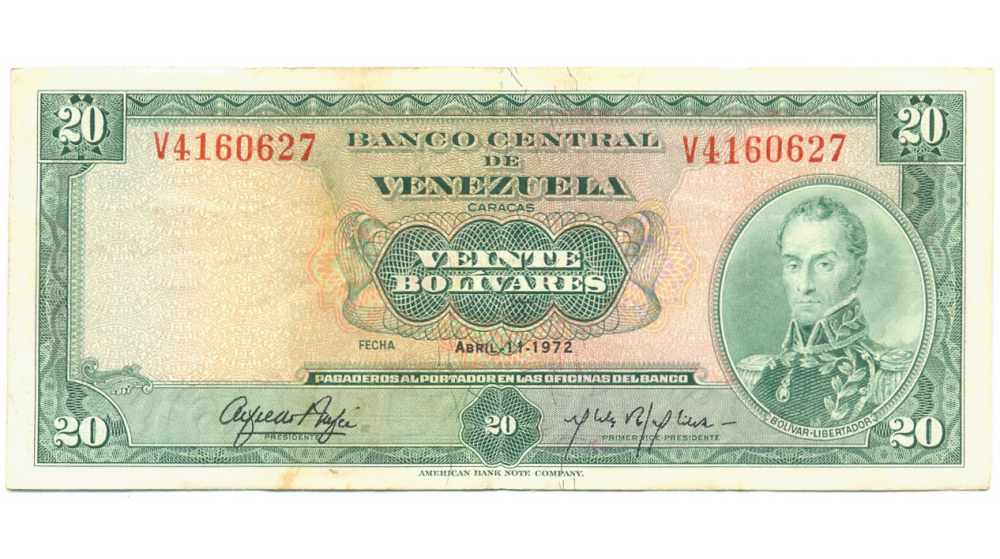 Billete 20 Bolívares 1972 V7 Serial V4160627 - Numisfila