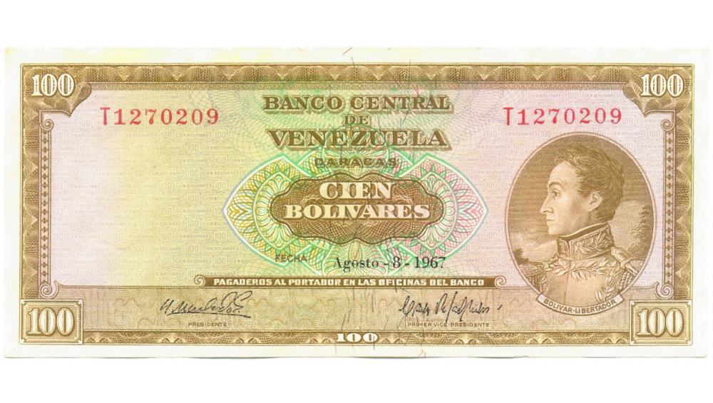 Billete 100 Bolivares 1967 T7 Serial T1270209  - Numisfila