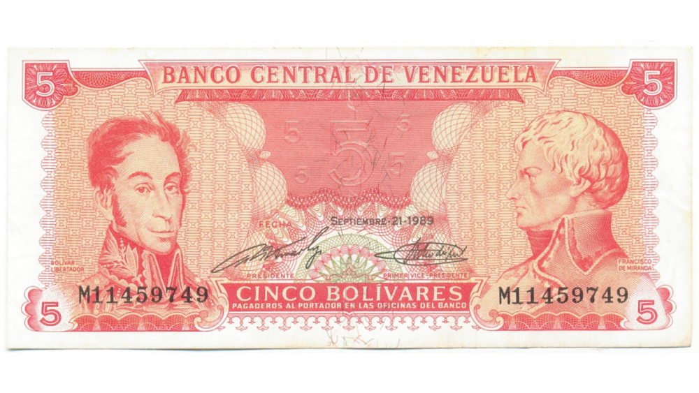 Billete 5 Bolivares 1989 M8 Serial M11459749 - Numisfila