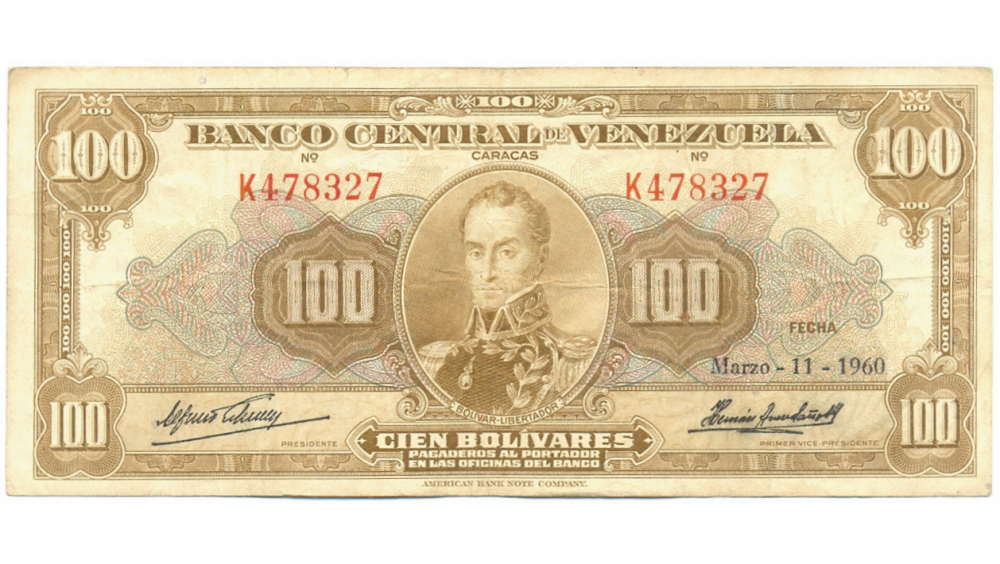 Billete 100 Bolívares 1960 K6 Serial K478327  - Numisfila