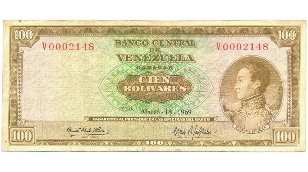 Billete 100 Bs 1969 V7 Serial Bajo V0002148 - Numisfila