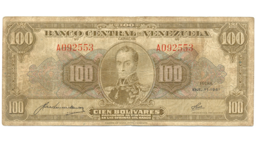 Billete 100 Bolivares Enero 11 1941 Serial A092553  - Numisfila