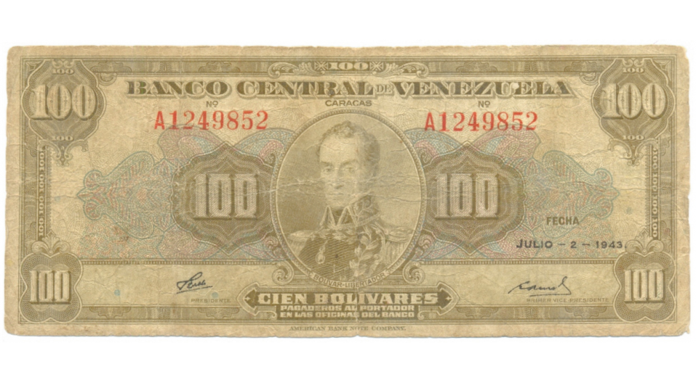 Billete 100 Bolívares Julio 1943 Serial A1249852  - Numisfila