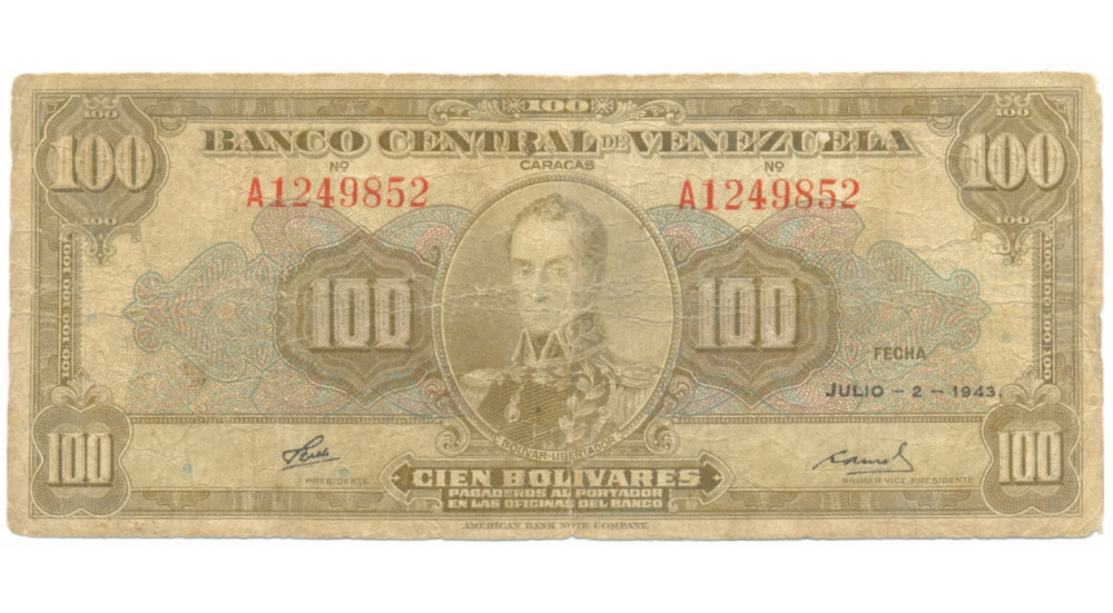 Billete 100 Bolívares Julio 1943 Serial A1249852 - Numisfila