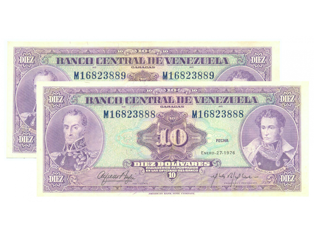 Billetes 10 Bs 1976 M8 Seriales M16823888 y M16823889 - Numisfila