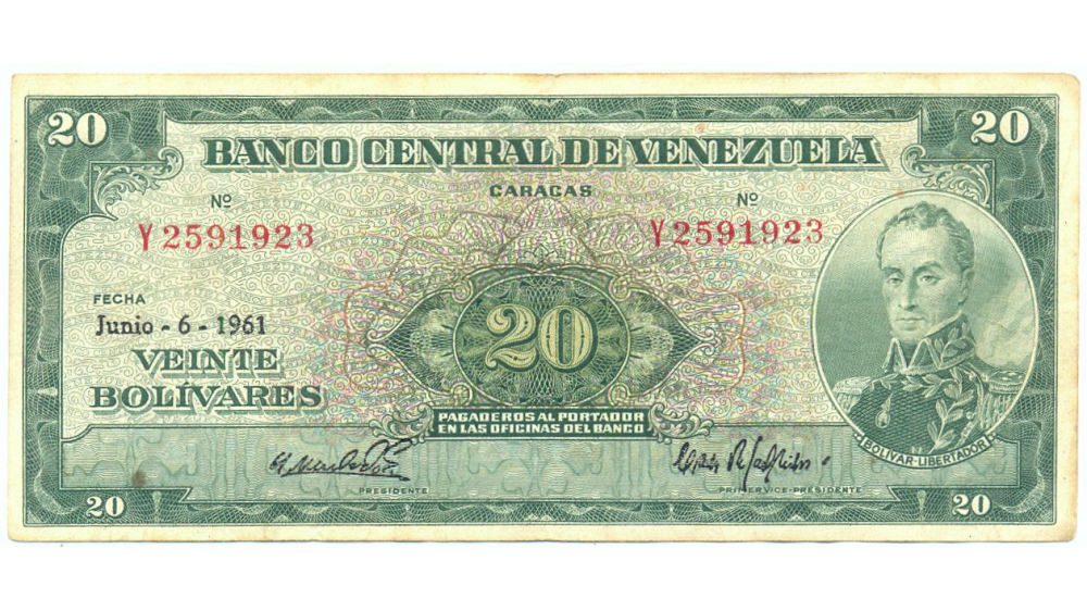 Billete 20 Bolivares 1961 Y7 Serial Y2591923  - Numisfila