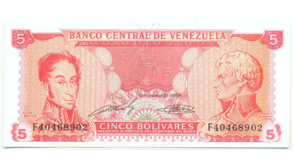 Billete 5 Bolívares 1989 F8   - Numisfila